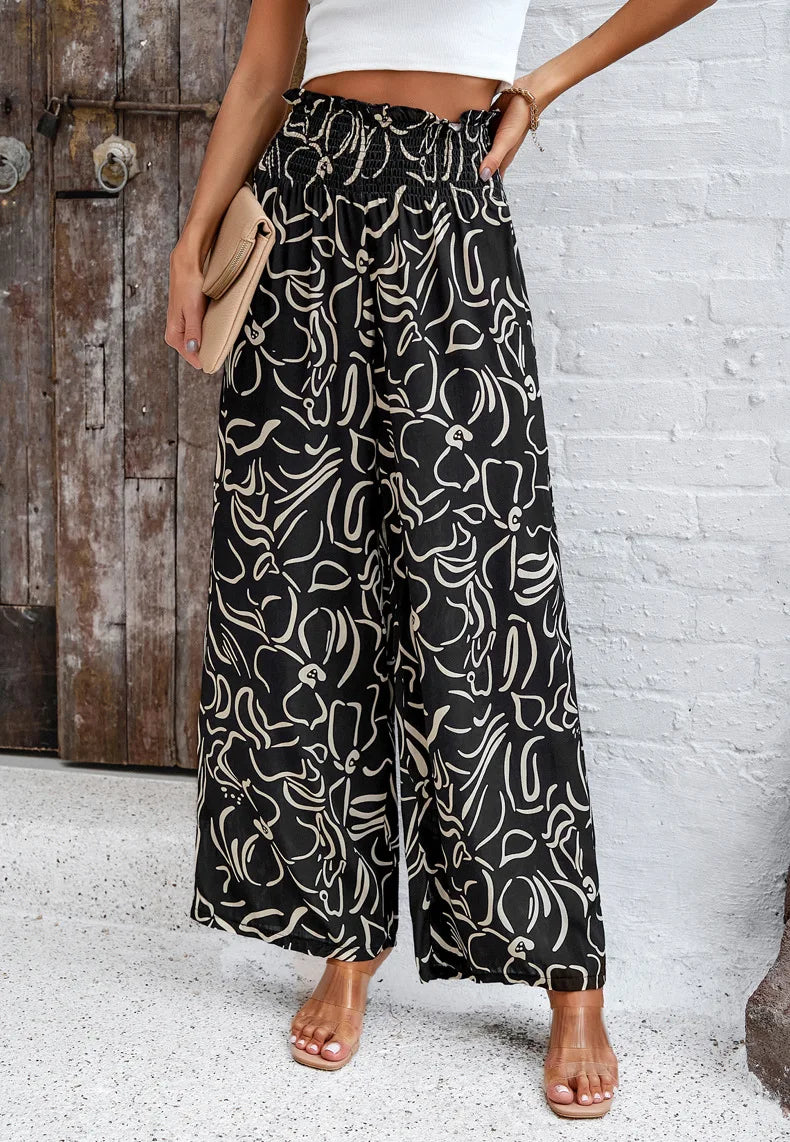 Print Floral Casual Pants Fashion Women Office Sweet High Waist Wide Leg Long Pants New 2024 Holiday Loose Trousers