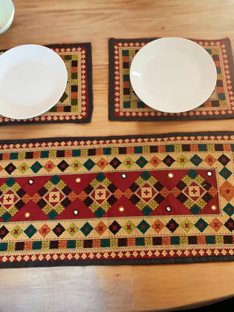 Beautifully Patterned Handmade Table Runner in Vibrant Colors with 6 handmade place mats to go with it