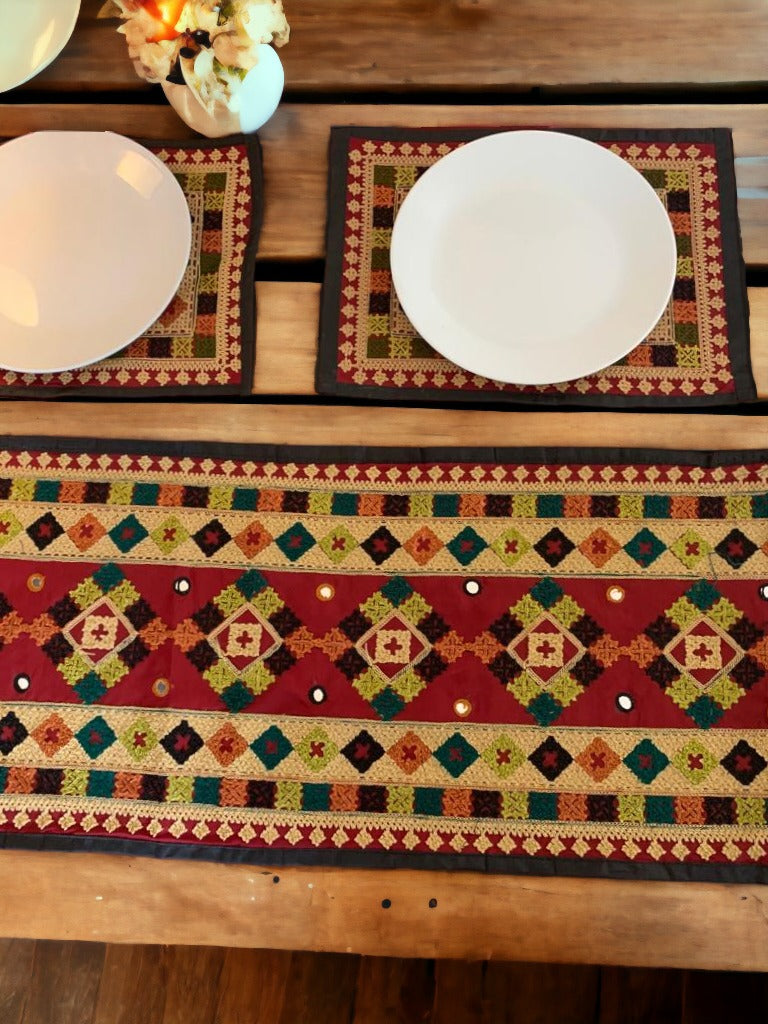 Beautifully Patterned Handmade Table Runner in Vibrant Colors with 6 handmade place mats to go with it