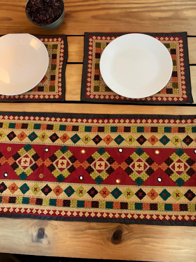 Beautifully Patterned Handmade Table Runner in Vibrant Colors with 6 handmade place mats to go with it