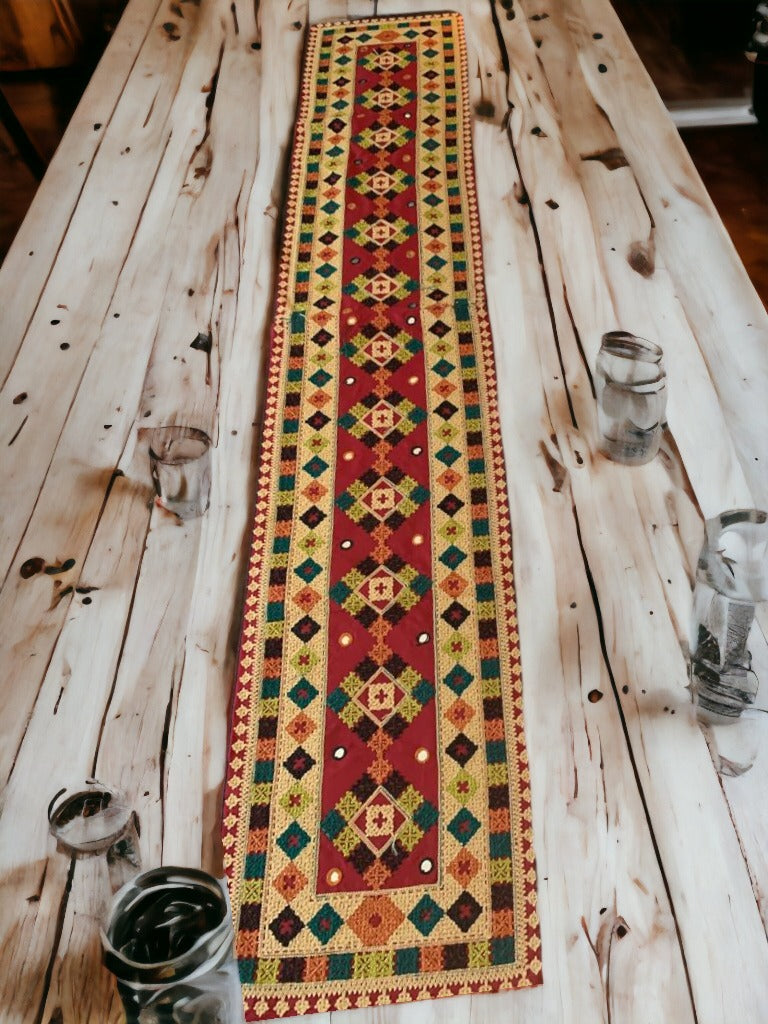 Beautifully Patterned Handmade Table Runner in Vibrant Colors with 6 handmade place mats to go with it