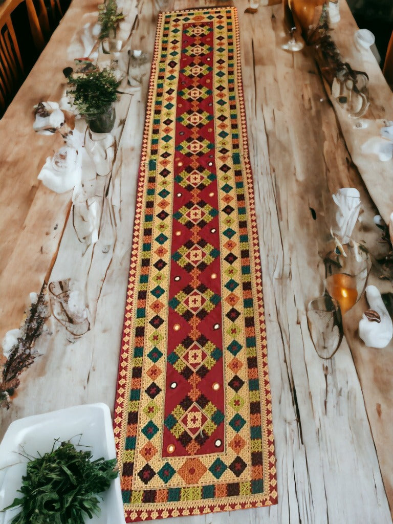 Beautifully Patterned Handmade Table Runner in Vibrant Colors with 6 handmade place mats to go with it