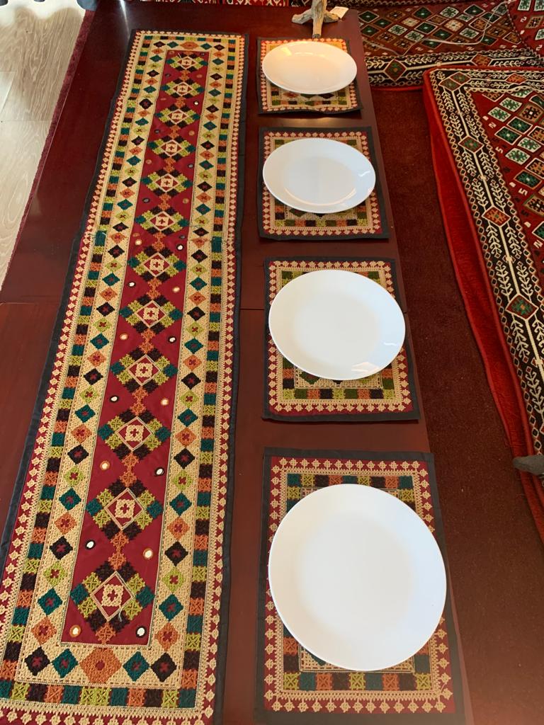 Beautifully Patterned Handmade Table Runner in Vibrant Colors with 6 handmade place mats to go with it