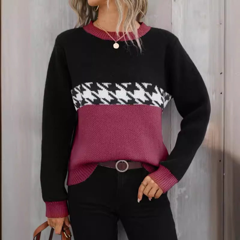 Contrast Color Pullover Round Neck Knitted Sweater