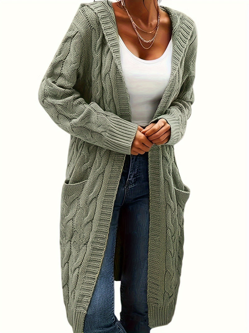 Chic Solid Cable Knit Hooded Cardigan - Cozy Long Sleeve with Practical Pockets, Mid-Length Womens Sweater for Casual Style