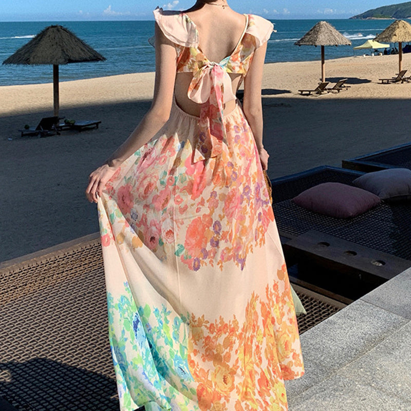 Fashion V-neck Ruffle Sleeve Long Dress Summer Romantic French-Style Flowers Print Bow-knot Backless Design Beach