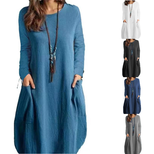 Robe ample décontractée en coton et lin pour femmes, couleur unie, manches longues, automne