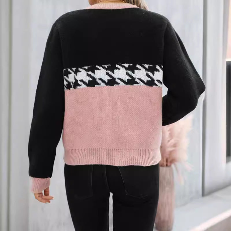 Contrast Color Pullover Round Neck Knitted Sweater