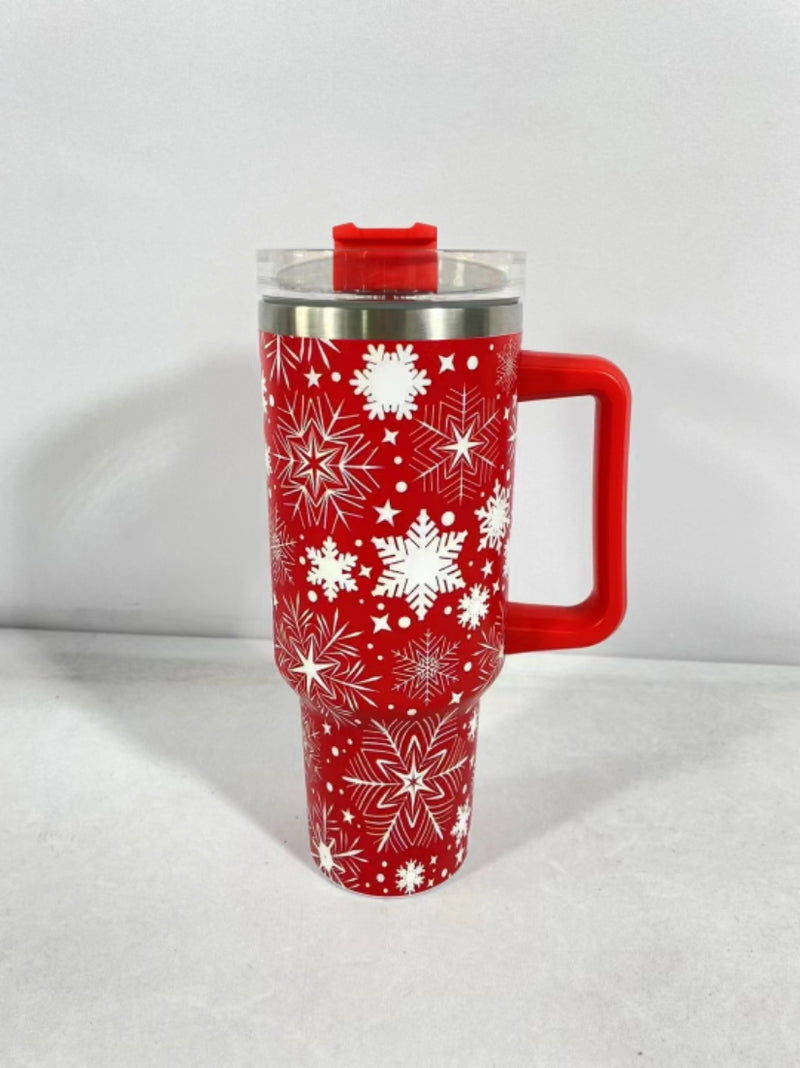 New Christmas Pattern Mug With Handle Lid Straw Drinkware Stainless Steel Vacuum Tumbler Large Capacity Car Travel Coffee Cup