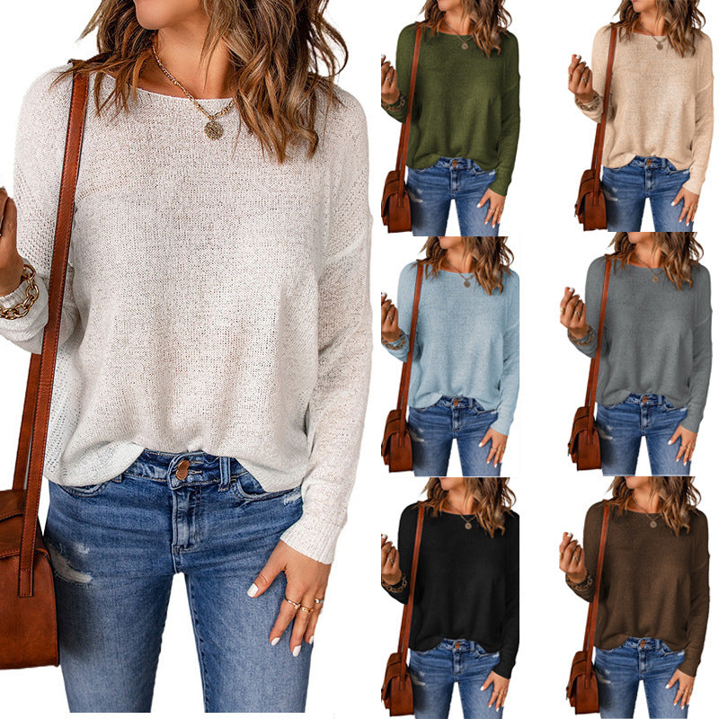 Casual Solid Round Neck Pullover Sweater Fashion Loose Long Sleeve Top Womens Clothing