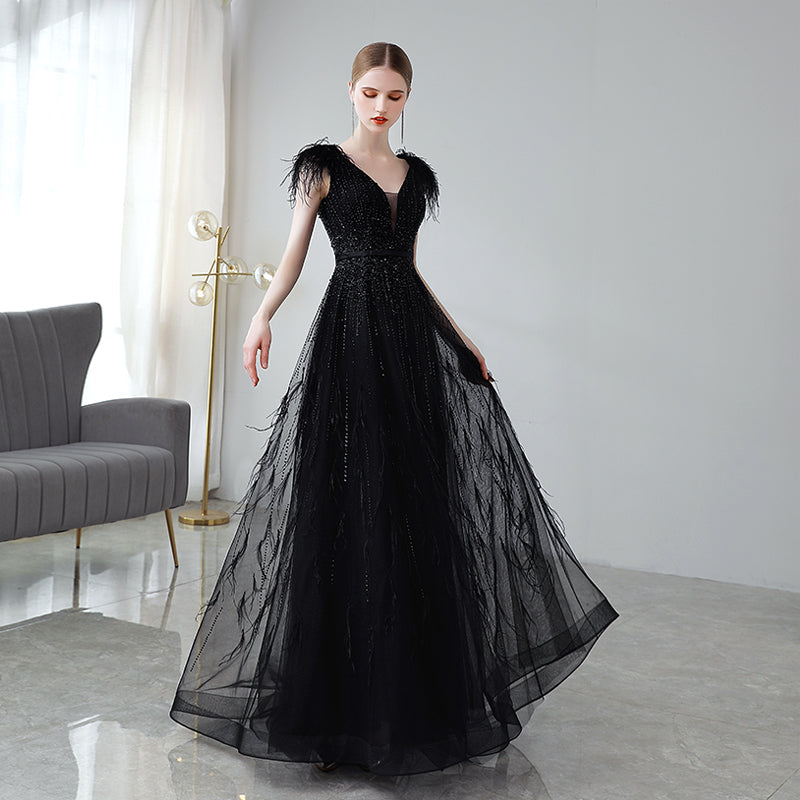 Black Double Shoulder Evening Dress Woman