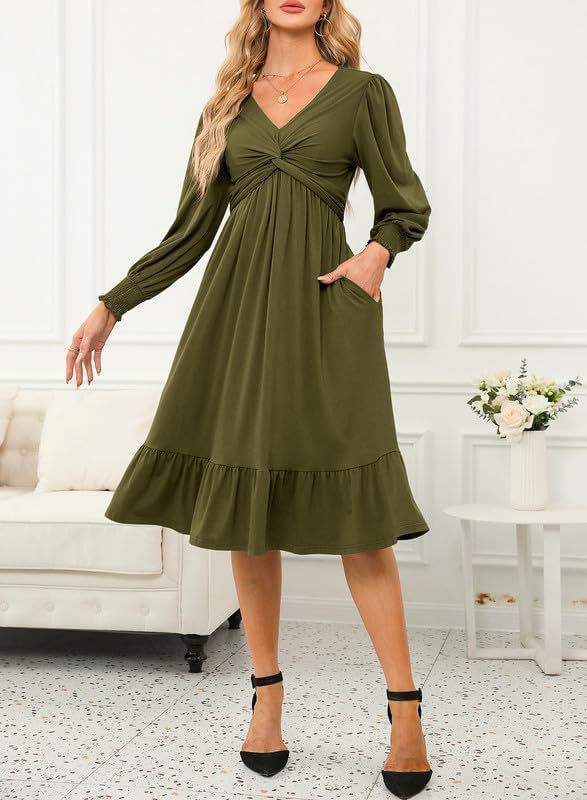 Wrap V-neck Long Sleeve Mid-length Dress