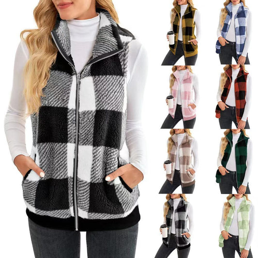 Thick Checks Double-sided Velvet Cardigan Vest Stand Collar Sleeveless Coat