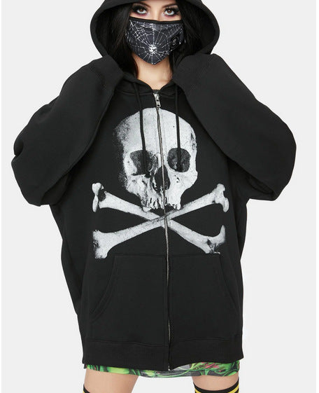 Skull Print Loose Hooded Sweater