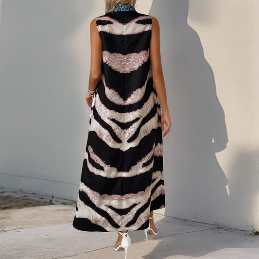 Stand Collar Sleeveless Zebra Print Dress