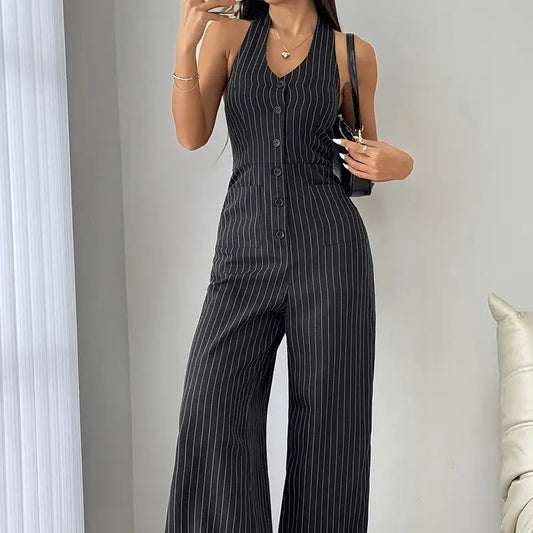 Sleeveless Front Button Casual Striped Jumpsuit | Trendy One-Piece Jumpsuit for Women