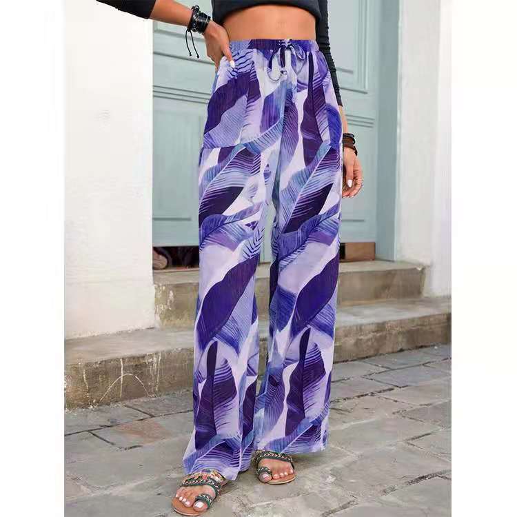 Fashion Drawstring Leaf Print Beach Pants Summer Casual Loose Wide Leg Straight Trousers Womens Clothing