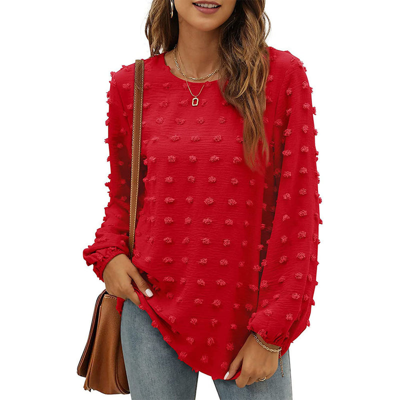 Fashion Jacquard Long-sleeved Round Neck T-shirt Casual Loose Pullover Top Womens Clothing