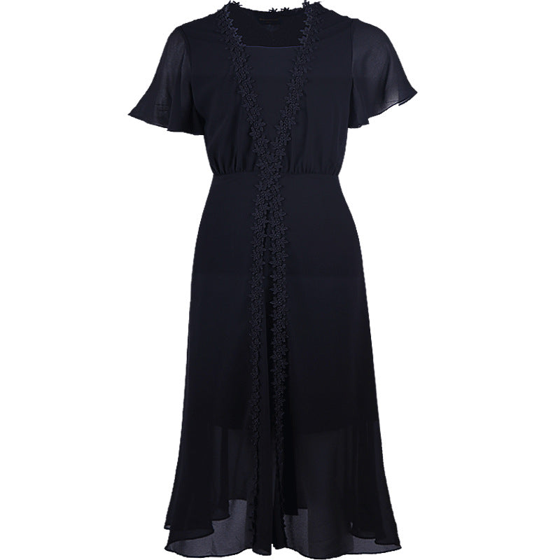 Medium Length Black Chiffon Dress For Women