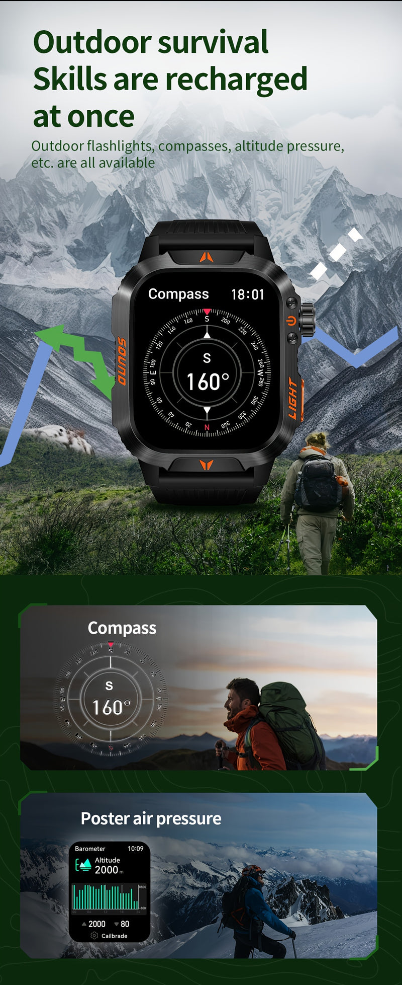 Smart Watch (Answer/Call) Outdoor Sports Watch LED Altimeter Barometer 100+ Sports Modes 600mAh Battery Multimedia Message Viewing Weather Pedometer Fitness Tracker for Android iPhone Gift