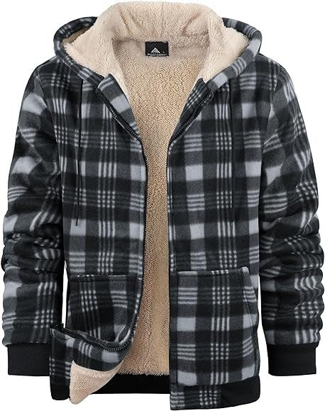 Men's Plaid Print Hooded Zip-Up Jacket Winter Thickened Cotton-padded Coat Warm Clothing