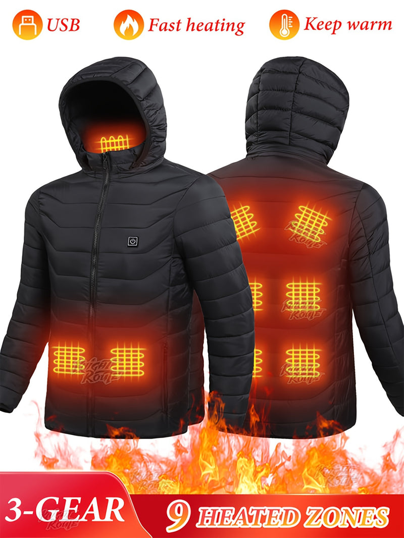 Men's USB-Powered For Smart Heating Jacket - Adjustable Temperature, 9 Zones, Long Sleeve, Hooded Outdoor Vest for Winter Sports & Casual Wear - With Battery Piece