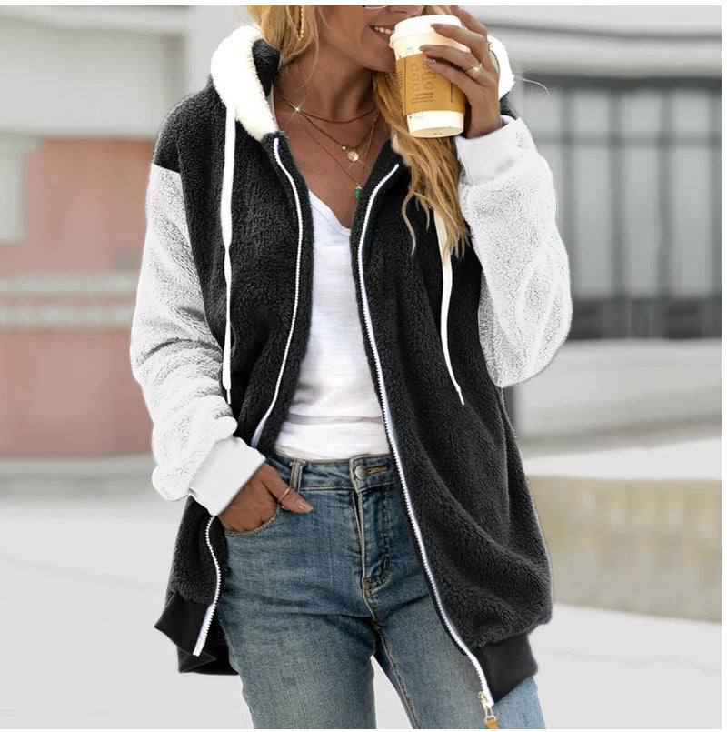 Women's Loose Plush Zipper Hooded Jacket