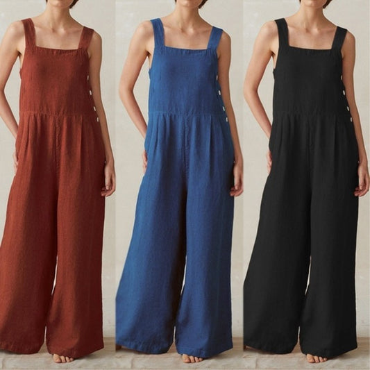 Wide Leg Jumpsuit Women Cotton And Linen Pocket Overalls