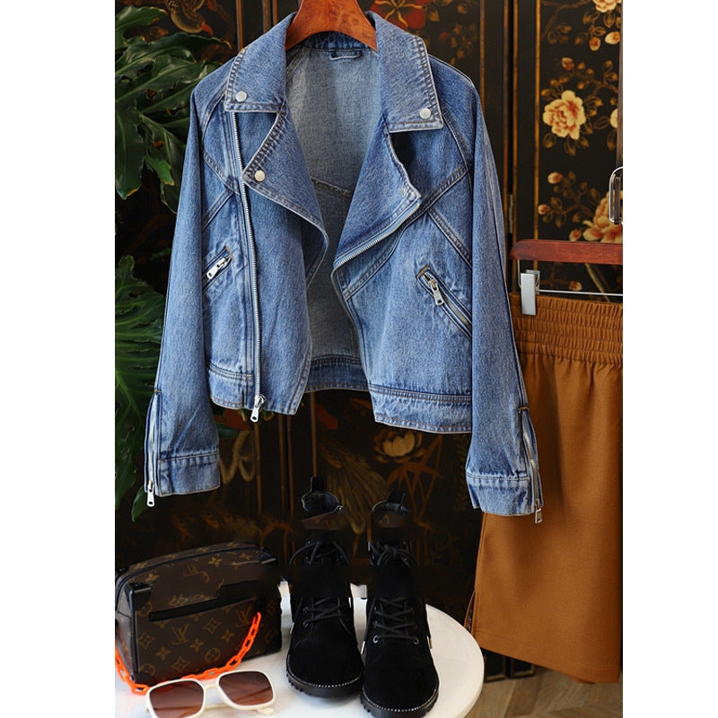 Large Lapel Long-sleeve Zipper Locomotive Style Denim Coat Jacket Women