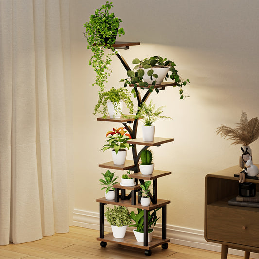 9-Tier Indoor Plant Stand with Grow Lights - Movable 62" Tall Plant Shelf on Wheels for Living Room & Patio
