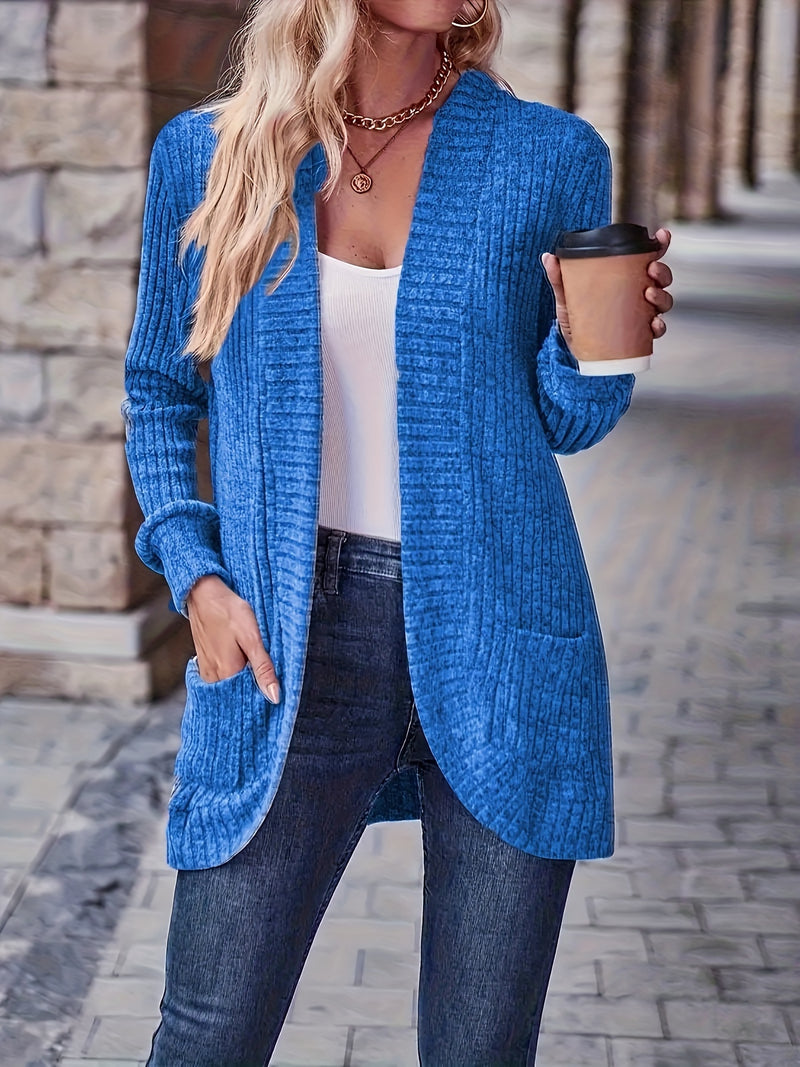 Long Sleeve Elegant Solid Color Open Front Cardigan with Pockets - Versatile, Mid-Elasticity, Machine Washable - Perfect for Spring and Fall, Womens Clothing