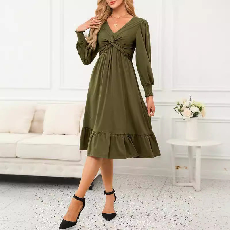 Wrap V-neck Long Sleeve Mid-length Dress