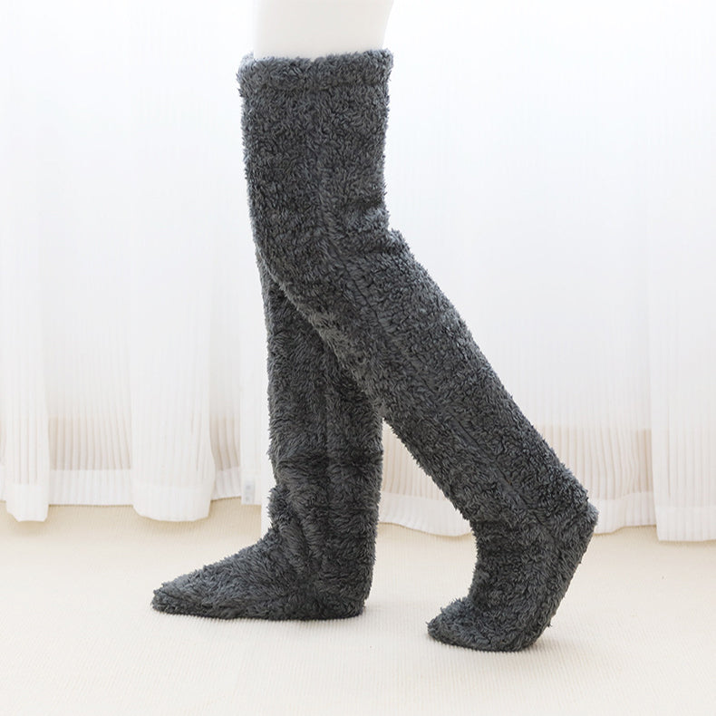 Chaussettes longues et pelucheuses au-dessus du genou, bas chauds d'hiver, jambes froides, articulations du genou, bas résistants au froid, chaussettes de couchage au sol de la maison