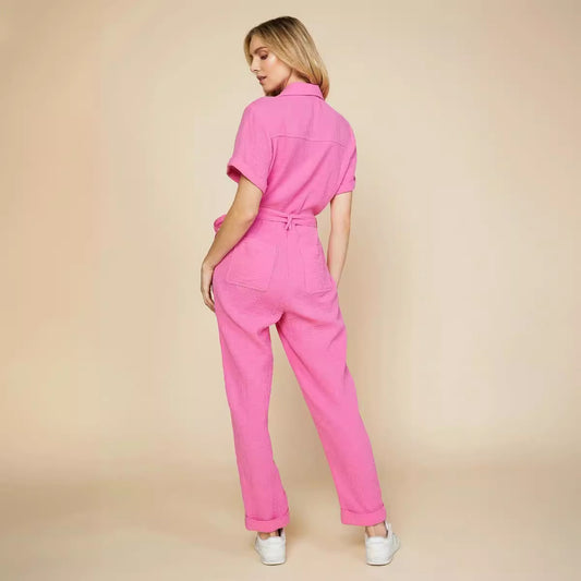 Women's Solid Color Short-Sleeved Jumpsuit | Casual One-Piece Trousers Outfit