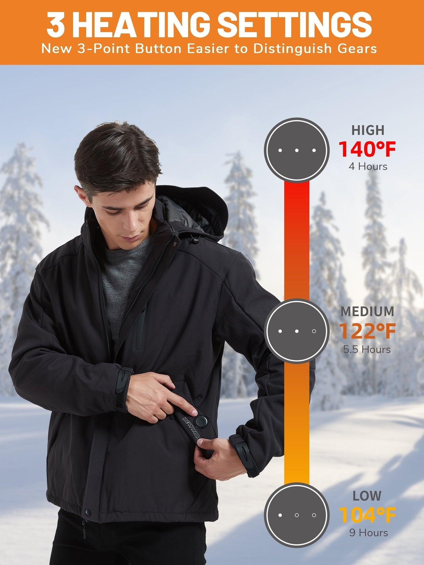 Men's Heated Jacket Soft Shell, Warm Electric Heating Coat Winter with Detachable Hood and Battery Pack 7.4V