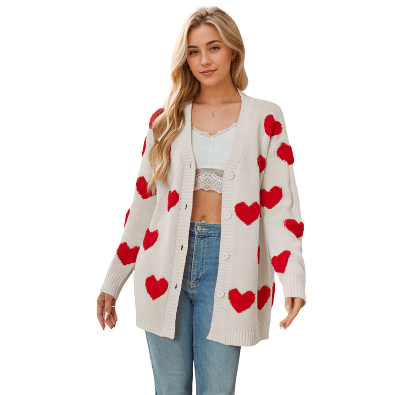 Heart Knitted Cardigan V-neck Buttons Mid-length Coat For Women