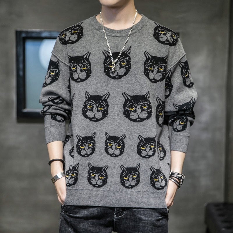 Men's Printed Sweater Fashionable Cat Autumn And Winter Personalized Casual Slim Sweater