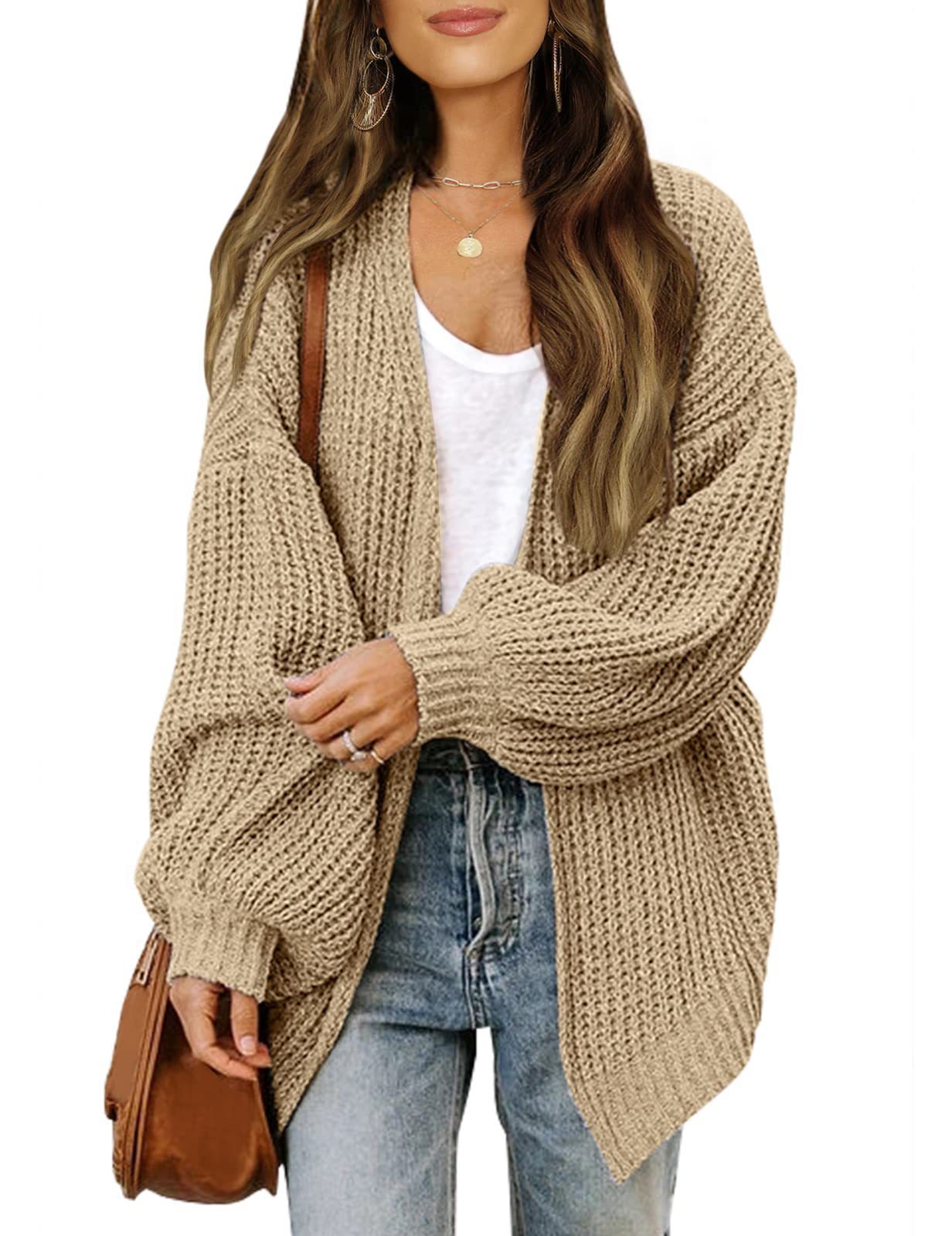 Fashion Lantern-sleeved Sweater With Pockets Casual Loose Solid Knit Cardigan Autumn Tops Womens Clothing