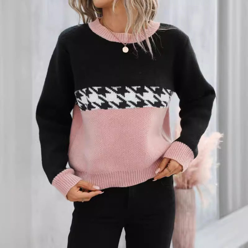 Contrast Color Pullover Round Neck Knitted Sweater