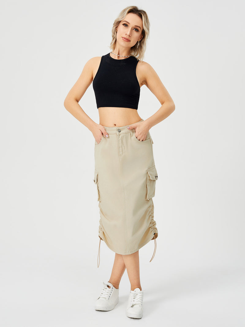 Women's Cargo Long Skirt Casual Streetwear Loose High Waist Front Split Maxi Skirt With Pocket Women's Cargo Long Skirts High Waisted Pencil Skirt Midi Length Jean Skirt With Cargo Pockets