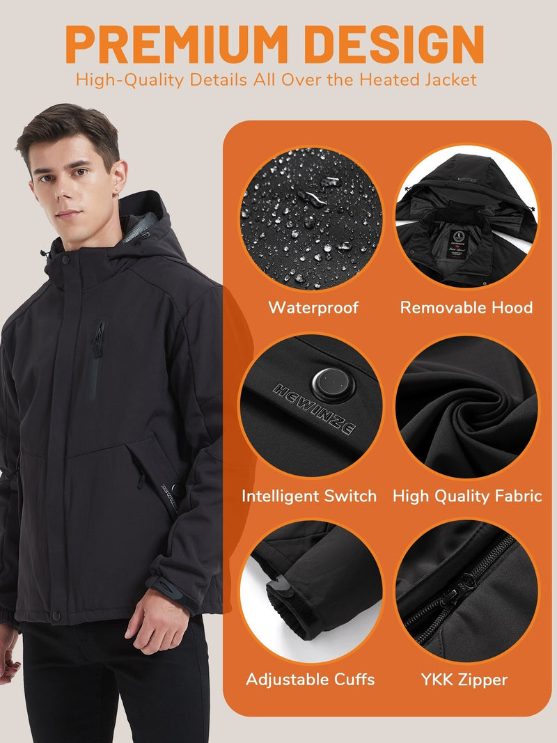 Men's Heated Jacket Soft Shell, Warm Electric Heating Coat Winter with Detachable Hood and Battery Pack 7.4V