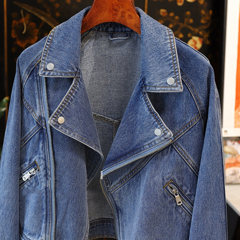 Large Lapel Long-sleeve Zipper Locomotive Style Denim Coat Jacket Women