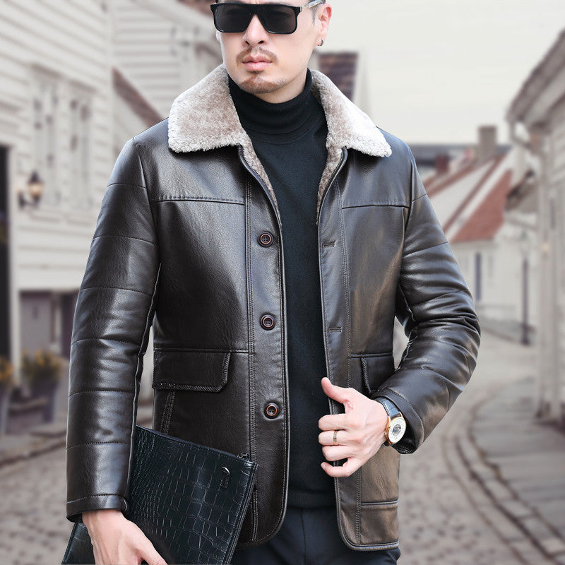 Winter Thickened Real Leather Down Jacket Men's Mid-length Coat