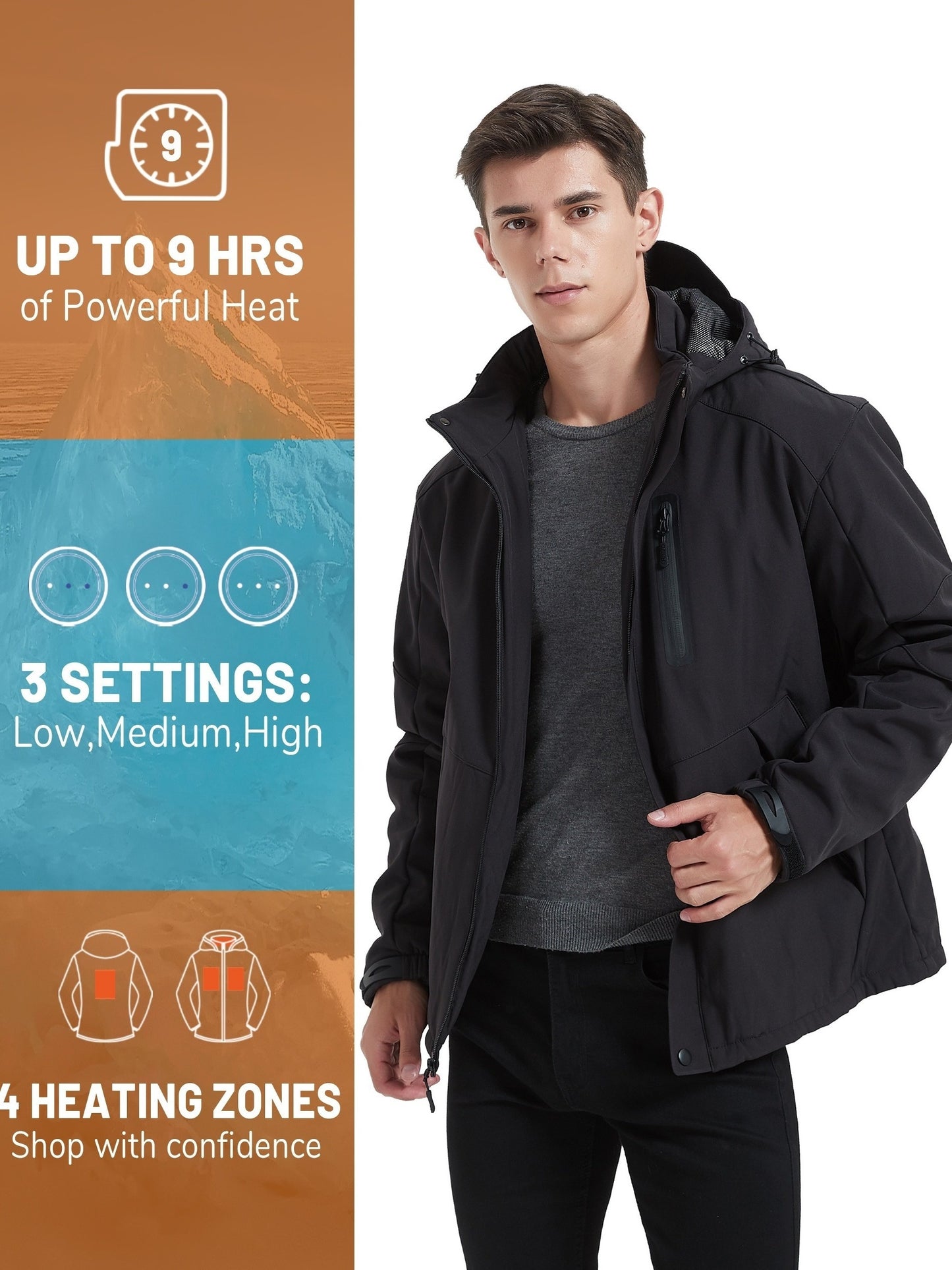 Men's Heated Jacket Soft Shell, Warm Electric Heating Coat Winter with Detachable Hood and Battery Pack 7.4V