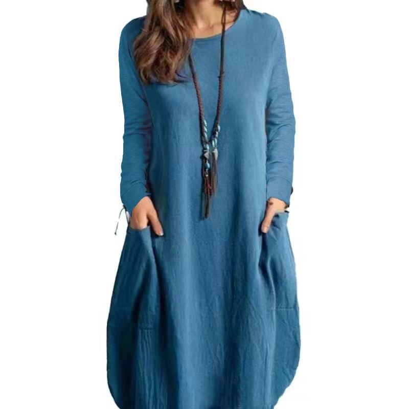 Robe ample décontractée en coton et lin pour femmes, couleur unie, manches longues, automne