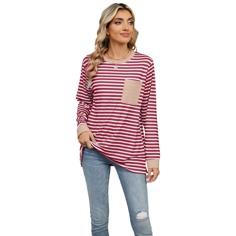 Women's Round Neck Pocket Split Upper Clothes Long Sleeves T-shirt