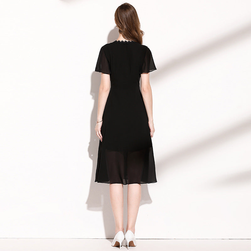 Medium Length Black Chiffon Dress For Women