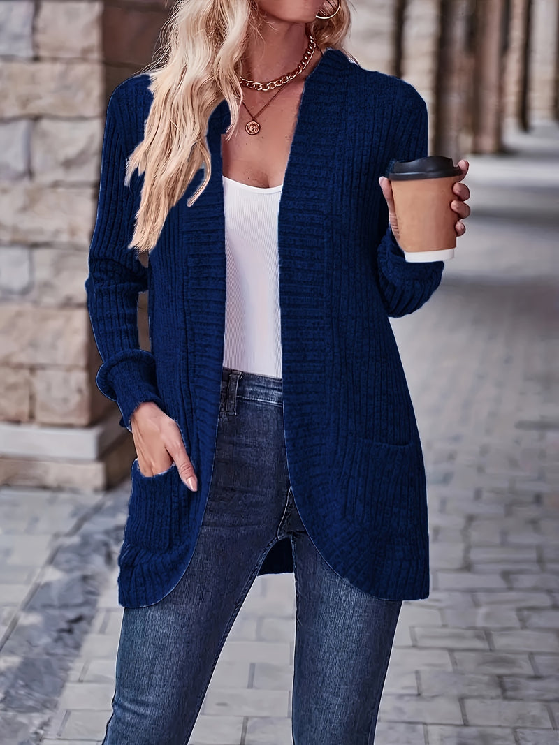 Long Sleeve Elegant Solid Color Open Front Cardigan with Pockets - Versatile, Mid-Elasticity, Machine Washable - Perfect for Spring and Fall, Womens Clothing