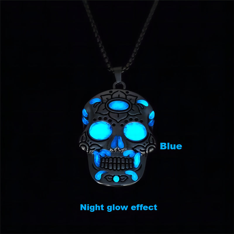 Halloween Luminous Skull Necklace With Day Of The Dead Lotus Pattern Personality Clavicle Necklace Fashion Jewelry Accessories