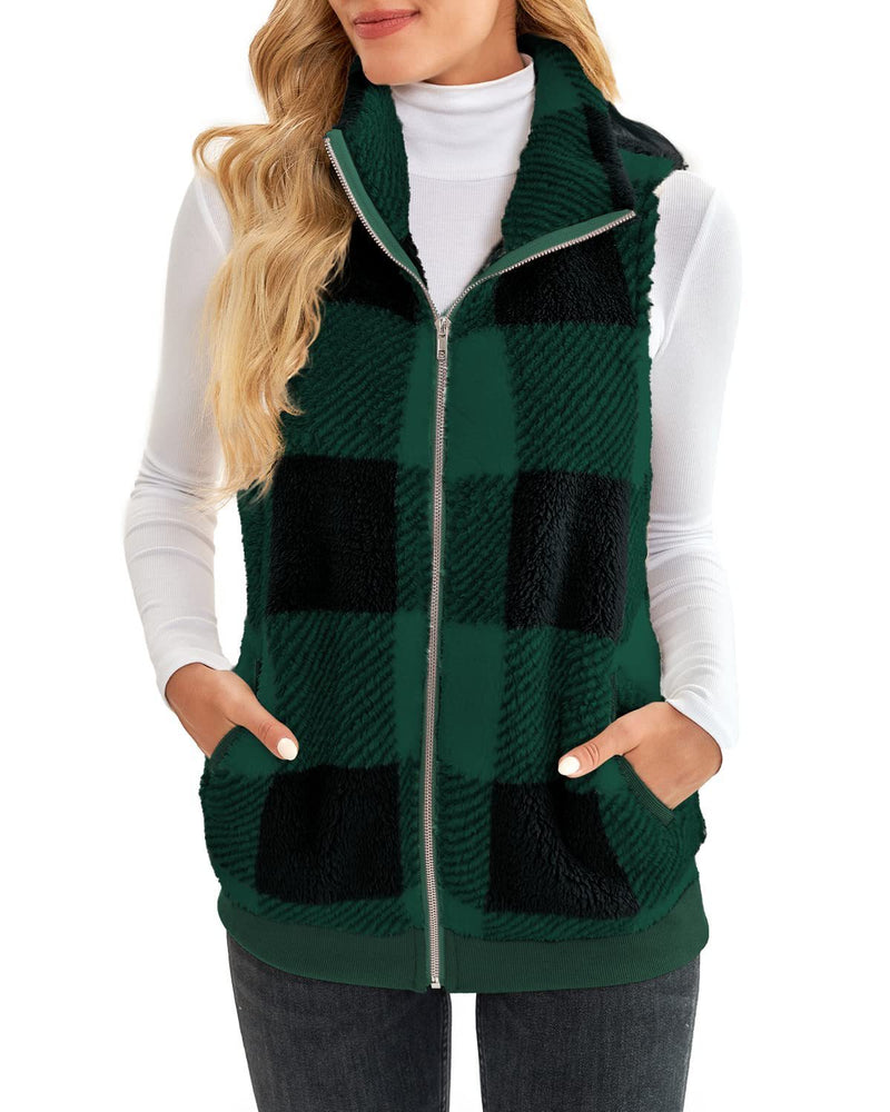 Thick Checks Double-sided Velvet Cardigan Vest Stand Collar Sleeveless Coat